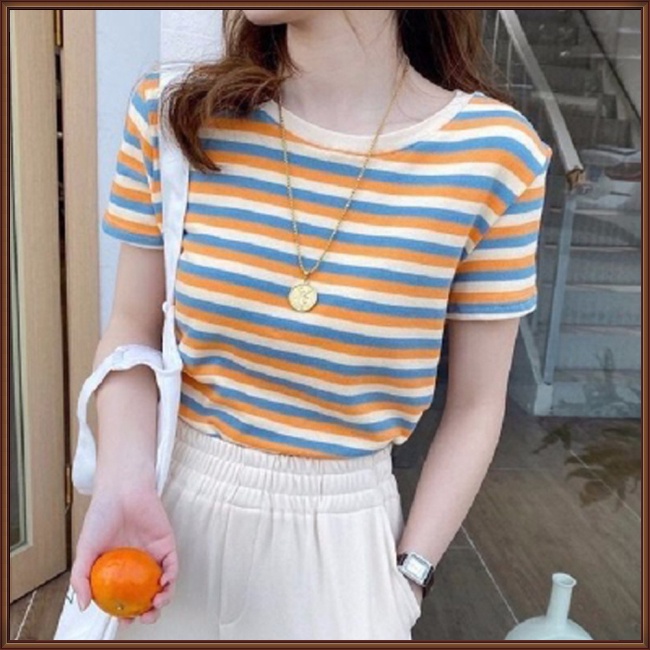 Áo Thun Tay Ngắn Cổ Tròn Dáng Ôm Thoáng Khí In Họa Tiết Kẻ Sọc Cổ Điển Thời Trang Cho Nữ