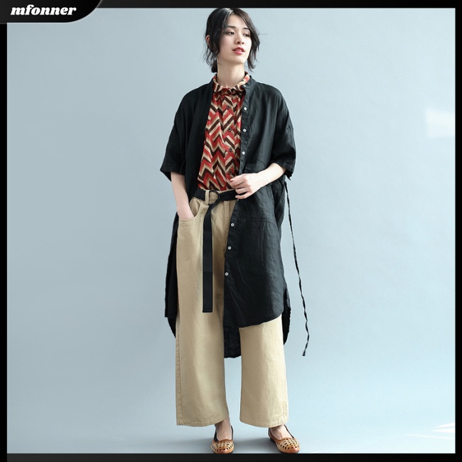 Áo Sơ Mi Nữ Tay Dài Dáng Rộng Bằng Cotton Linen Màu Trơn Thời Trang