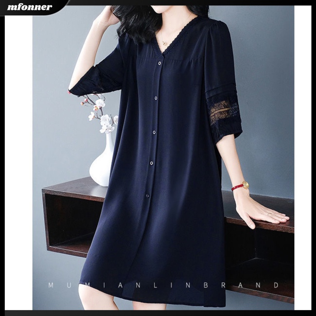 Đầm Midi Tay Lửng Dáng Rộng Cổ Chữ V Màu Sắc Thanh Lịch Cho Nữ