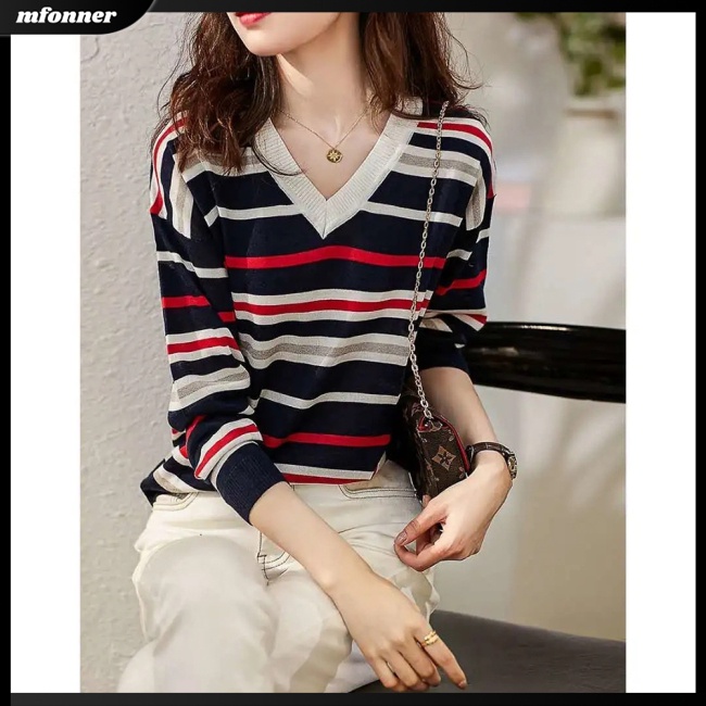 Áo Dệt Kim Nữ Dài Tay Cổ Chữ V Phối Màu Tương Phản Thời Trang