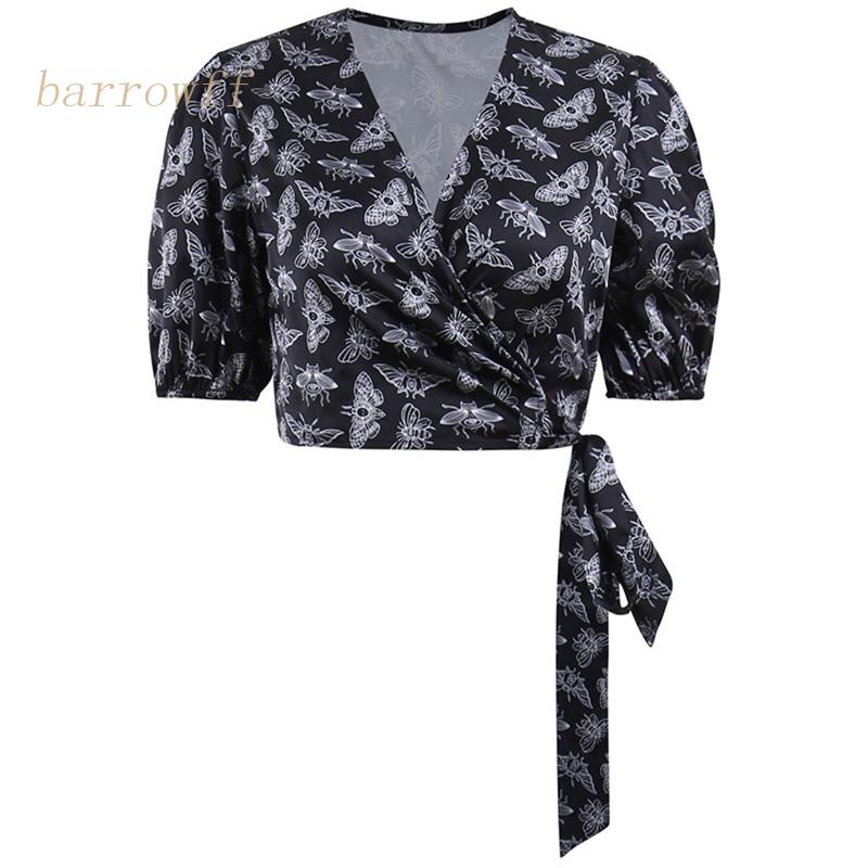 Áo Croptop Tay Ngắn Phồng Cổ Chữ V Buộc Dây In Họa Tiết Bướm Phong Cách Gothic Thời Trang Cho Nữ