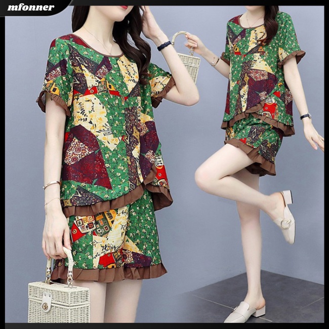 Bộ Trang Phục 2 Mảnh Áo Tay Ngắn Cổ Tròn Phối Bèo Phối Quần Short Ống Rộng Thời Trang Cho Nữ