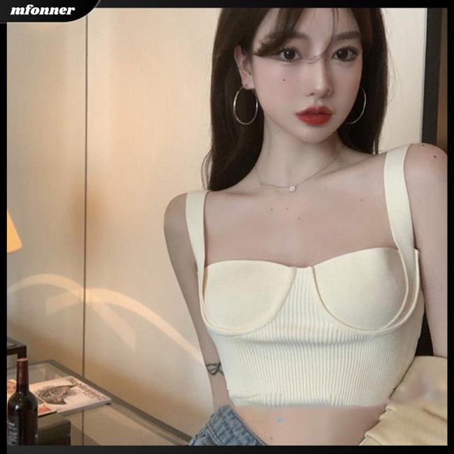 Áo Croptop Dệt Kim Không Tay Màu Sắc Đơn Giản Cho Nữ