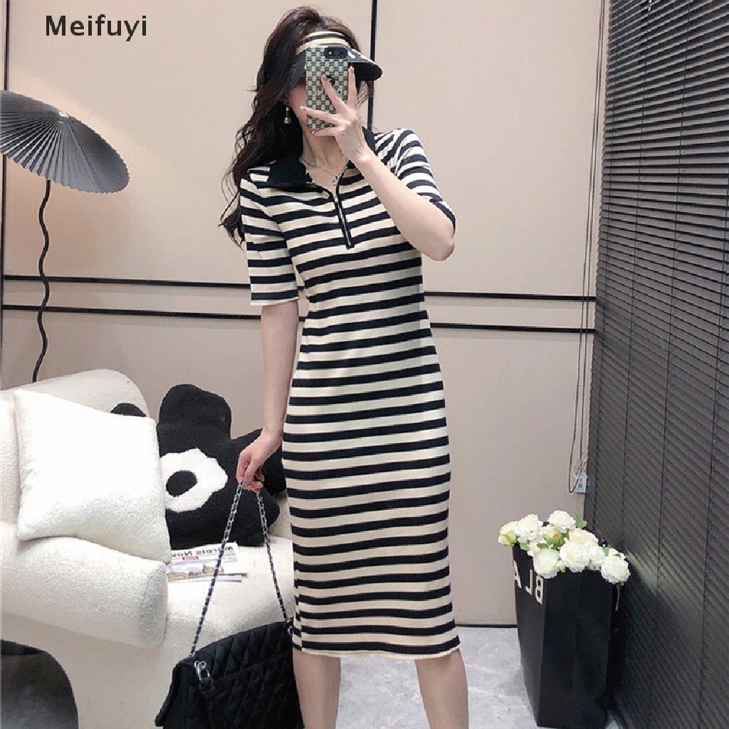 Đầm Midi Dệt Kim Cổ Bẻ Kẻ Sọc Thời Trang Mùa Hè Hàn Quốc 2023 Cho Nữ