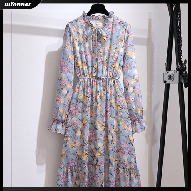 Đầm Voan Hoa Tay Bèo Thắt Nơ Eo Xinh Xắn Cho Nữ