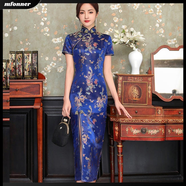 Đầm Sườn Xám Tay Ngắn Cổ Đứng Xẻ Tà Họa Tiết Trung Hoa Cổ Điển Cho Nữ