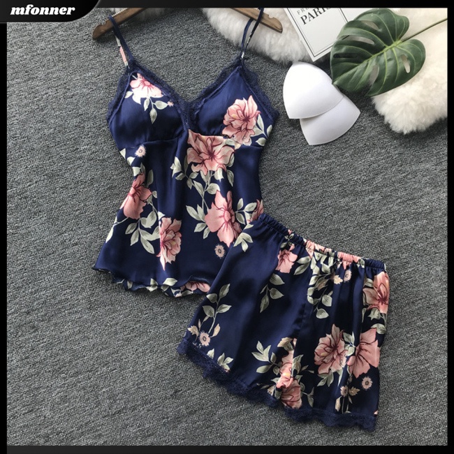 Bộ Đồ Ngủ 2 Món Áo + Quần Short Vải Lụa Satin Viền Ren Mềm Mại Thoải Mái