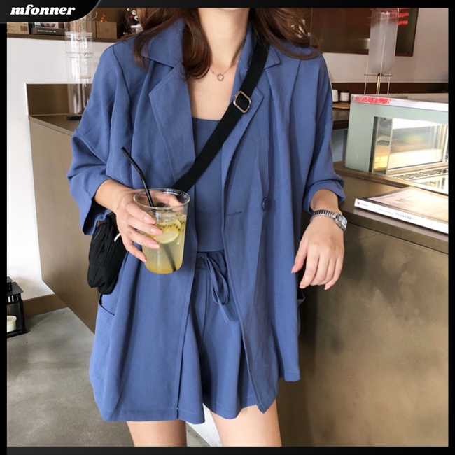 Set Đồ 3 Món Áo Hai Dây + Áo Khoác + Quần Ngắn Lưng Cao Màu Trơn Thời Trang Cho Nữ