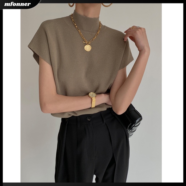 Áo Dệt Kim Nữ Ngắn Tay Cổ Cao Dáng Rộng Màu Sắc Thanh Lịch