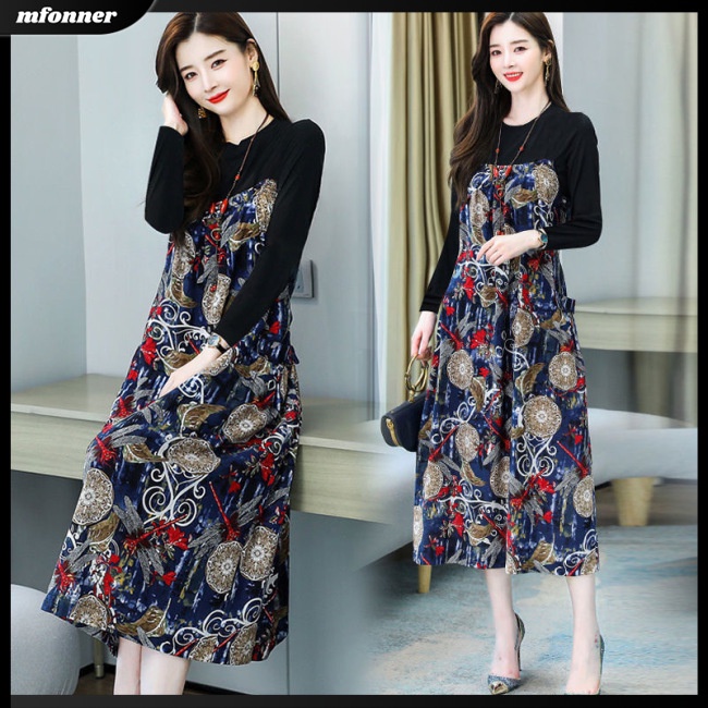 Đầm Giả Hai Lớp Tay Dài Cổ Tròn In Họa Tiết Hoa Dáng Rộng Thời Trang Cho Nữ