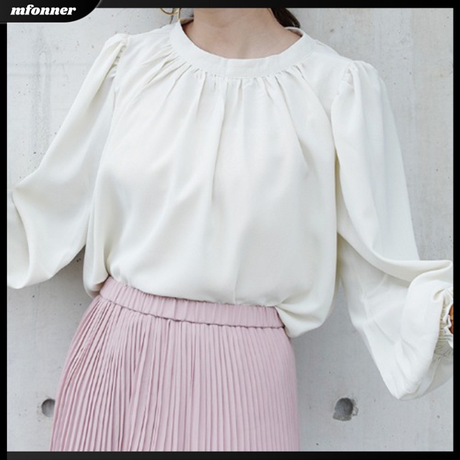 Áo Sơ Mi Voan Cổ Đứng Dài Tay Màu Trơn Phong Cách Retro Thời Trang Dành Cho Nữ