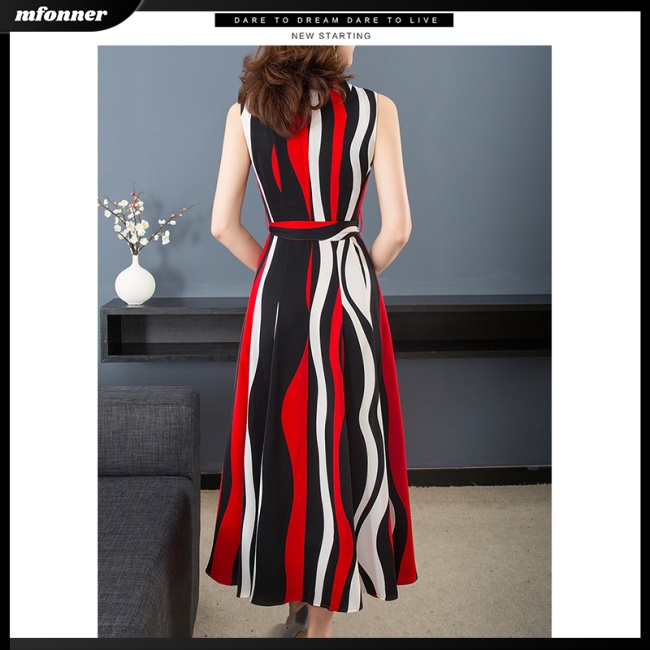 Đầm Midi Không Tay Cổ Chữ V Họa Tiết Kẻ Sọc Thời Trang Cho Nữ