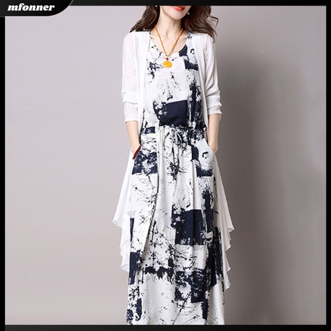 Set Đầm 2 Món In Họa Tiết Thổ Cẩm + Áo Khoác Cardigan Thời Trang Mùa Hè Cho Nữ