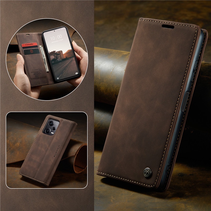 Thời Trang Bao Da Điện Thoại Nắp Lật Màu Nâu Kiêm Giá Đỡ Cho xiaomi 13 12 pro lite 13t 12t poco x5 pro f3 k40 Ốp