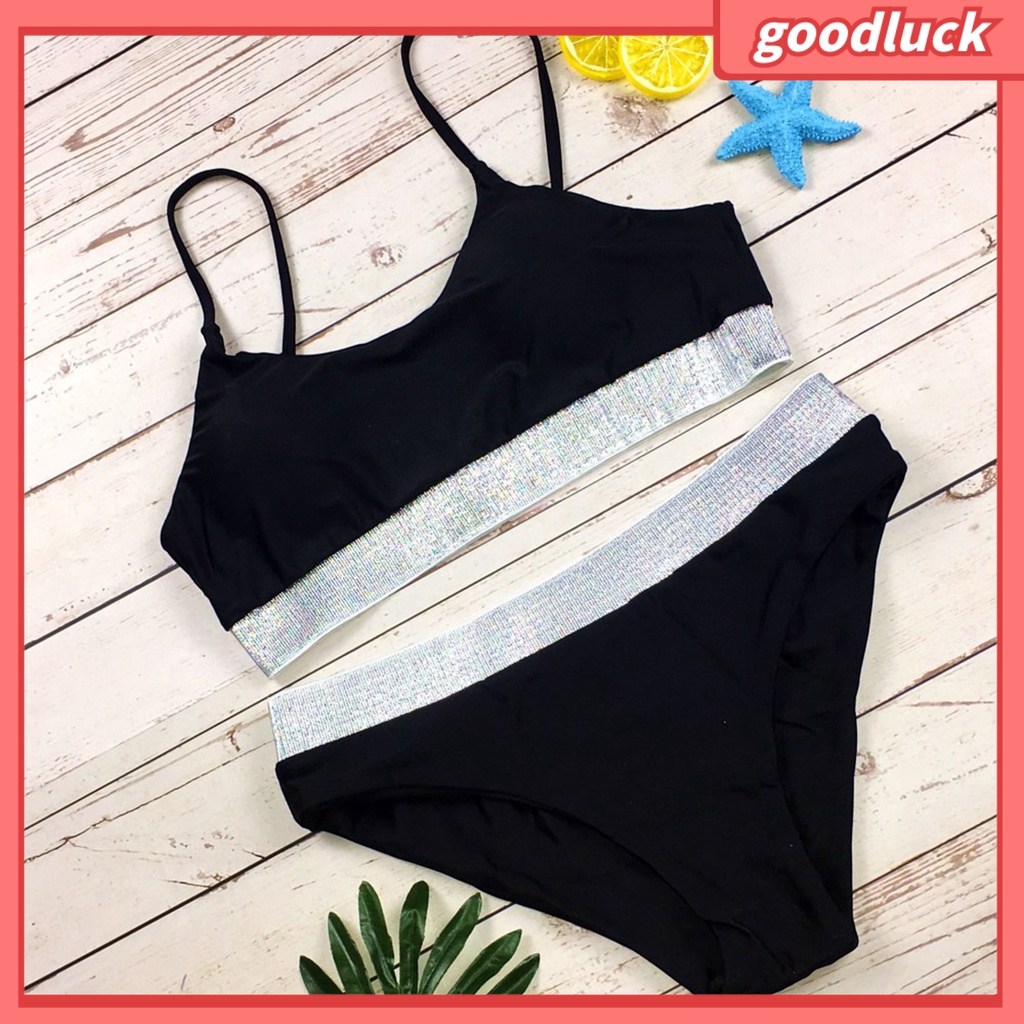 Bộ Bikini Đính Kim Sa Lấp Lánh Màu Tương Phản Quyến Rũ Cho Nữ