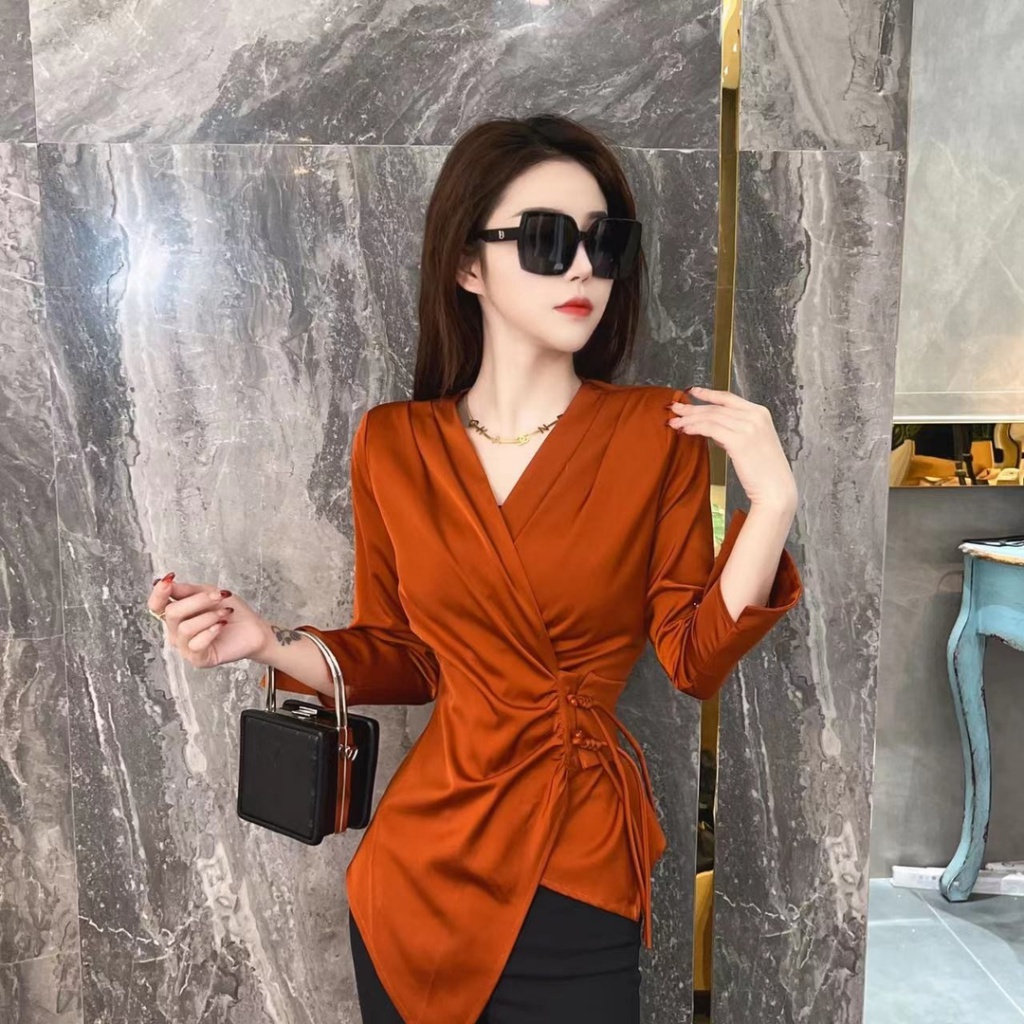 Áo Sơ Mi Tay Dài Cổ Chữ V Thiết Kế Độc Đáo Quyến Rũ