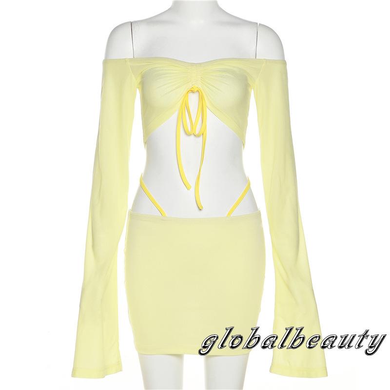 Bộ Áo Lửng Tay Dài Trễ Vai 2 Dây + Chân Váy Cạp Thấp Màu Sắc Đơn Giản Nữ Tính