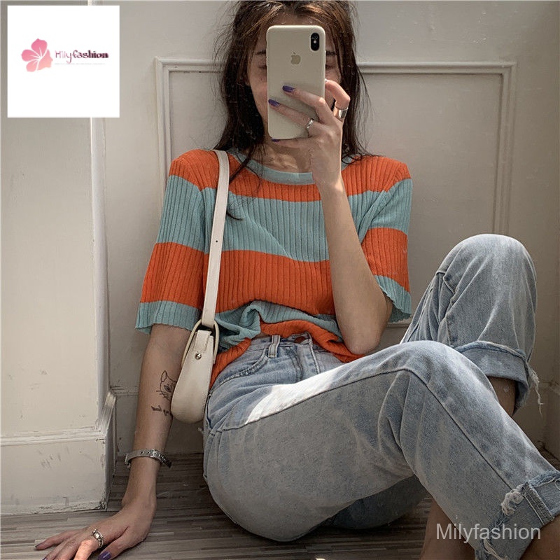 Áo Dệt Kim Ngắn Tay Họa Tiết Kẻ Sọc Màu Tương Phản Thời Trang Cho Nữ