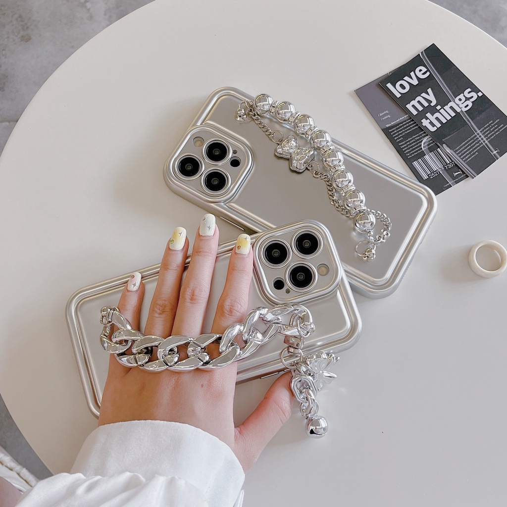 Ốp Điện Thoại TPU Dẻo Mạ Điện Họa Tiết Gấu &amp; Ngọc Trai Kèm Vòng Đeo Tay Độc Đáo Cho iPhone 14 13 12 11 PRO MAX