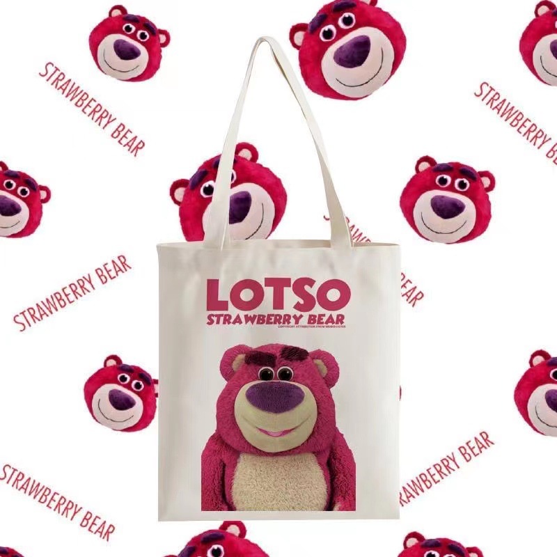 Túi Đeo Vai Vải Canvas Họa Tiết Gấu Và Dâu Tây Dễ Thương Cho Nữ