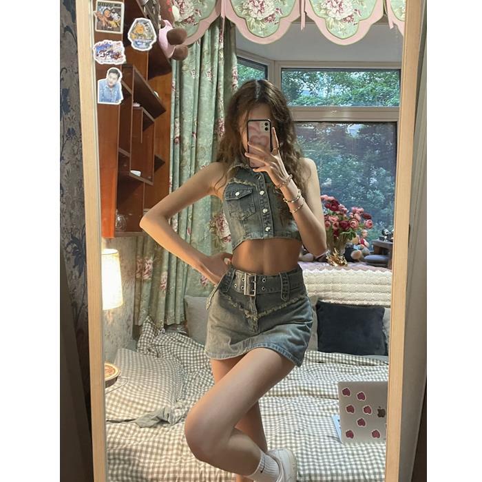 Set Áo denim Sát Nách Và Chân Váy Lưng Cao Phong Cách Retro Dành Cho Nữ