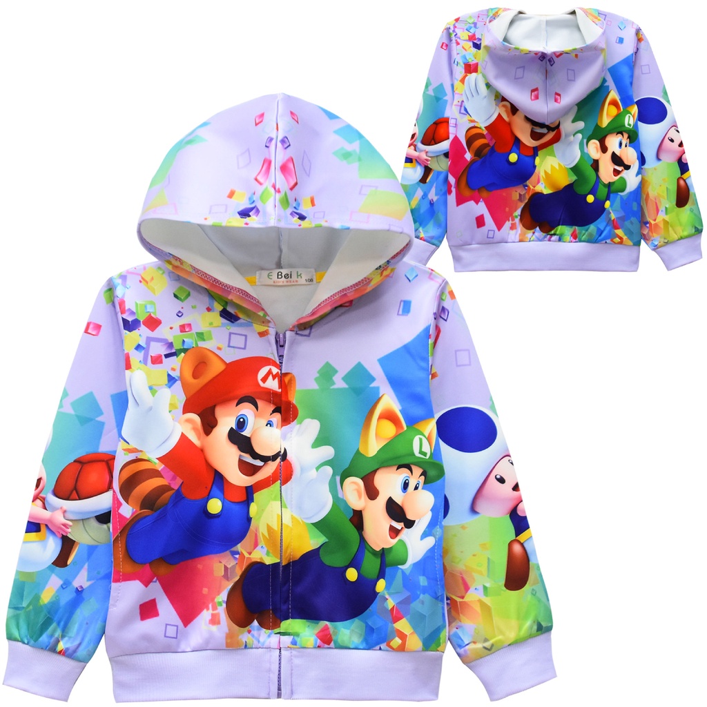 Áo Khoác Khóa Kéo Tay Dài Có Nón In Hình Phim Hoạt Hình Super Mario Bros Dành Cho Trẻ Em