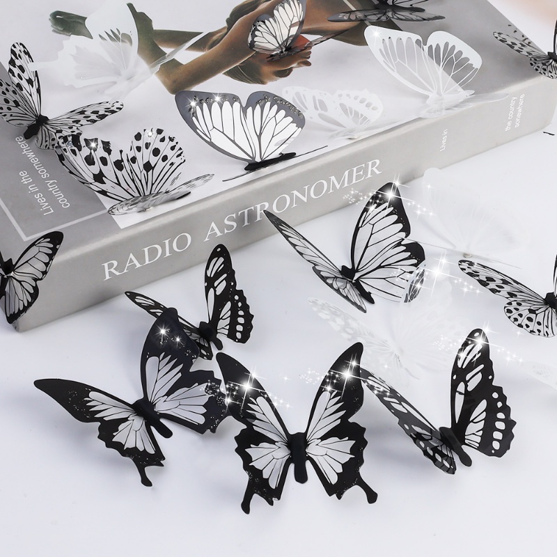 Set 18 Sticker Dán Tường Hình Bướm 3D Màu Trắng Đen Trang Trí Phòng Trẻ Em
