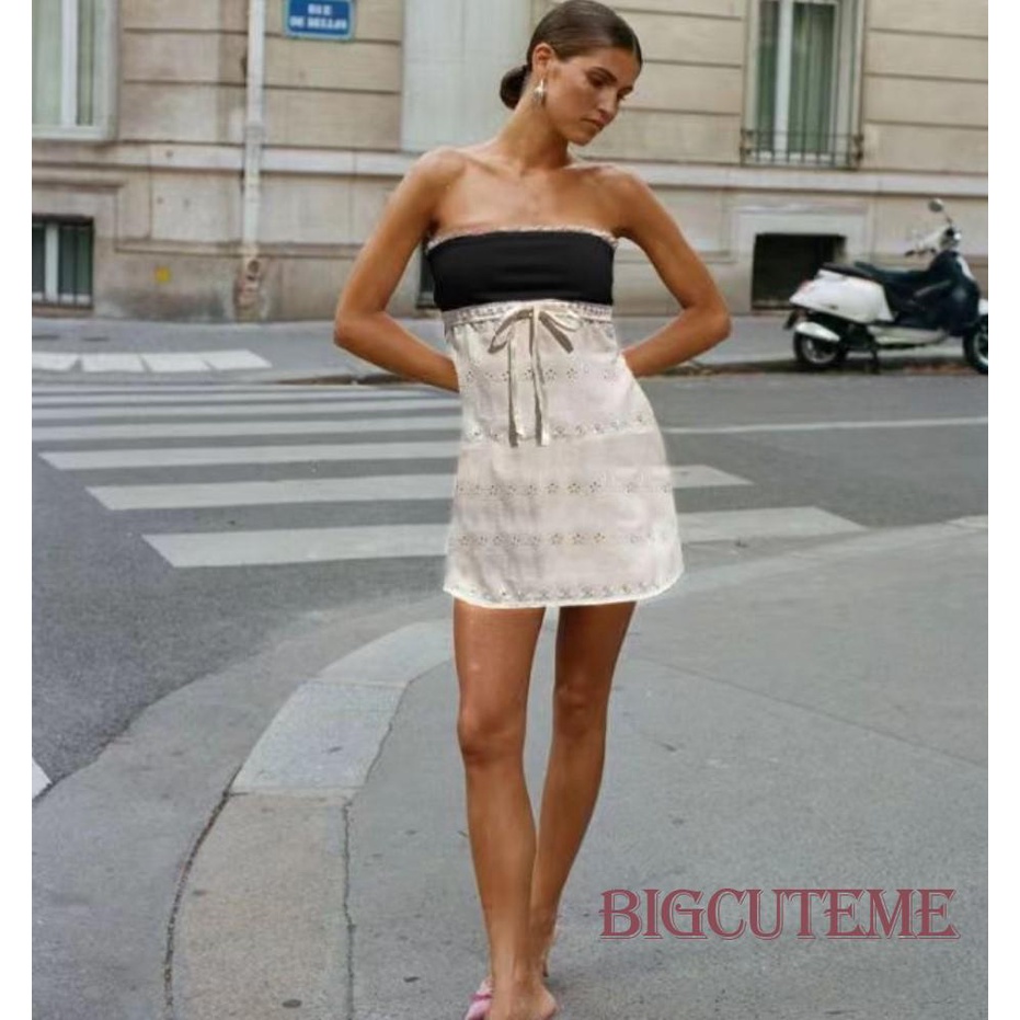 [] - Đầm Ống Ngắn Hở Vai Thêu Họa Tiết Màu Tương Phản Thời Trang Mùa Hè Dành Cho Nữ