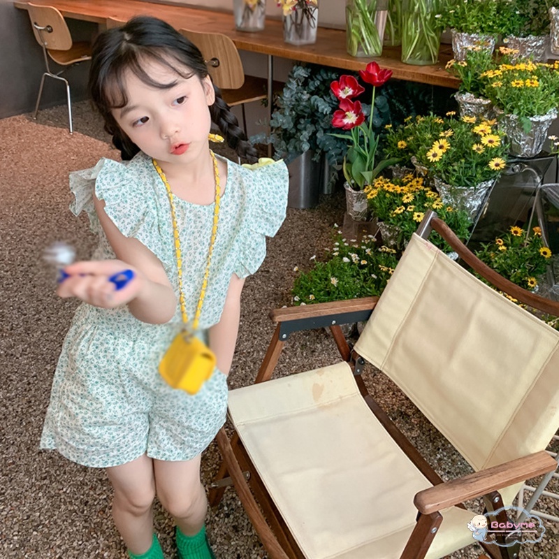 Set Đồ 2 Món Gồm Áo Tay Xòe Cánh Hoa + Quần Ngắn Lưng Thun Phong Cách Hàn Quốc Cho Bé Gái