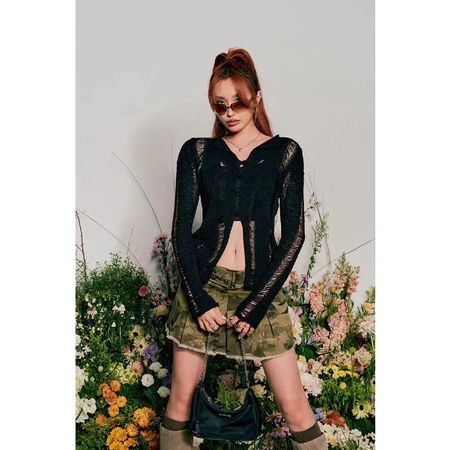 Áo Cardigan Dệt Kim Y2K Dáng Ngắn Tay Dài Eo Hẹp Phong Cách Mỹ Dành Cho Nữ