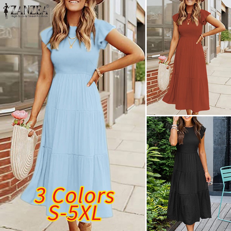 ZANZEA Đầm Nữ Tay Ngắn Cổ Tròn Thời Trang Quyến Rũ
