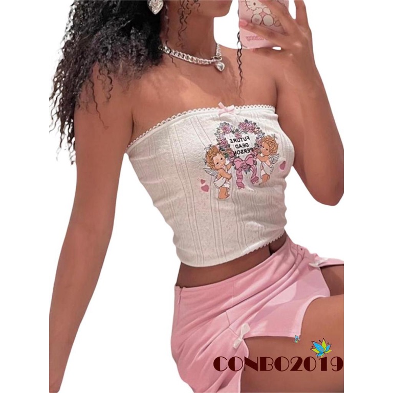 Áo Croptop Trễ Vai Không Tay Thêu Họa Tiết Thiên Thần Thời Trang Mùa Hè Cho Nữ