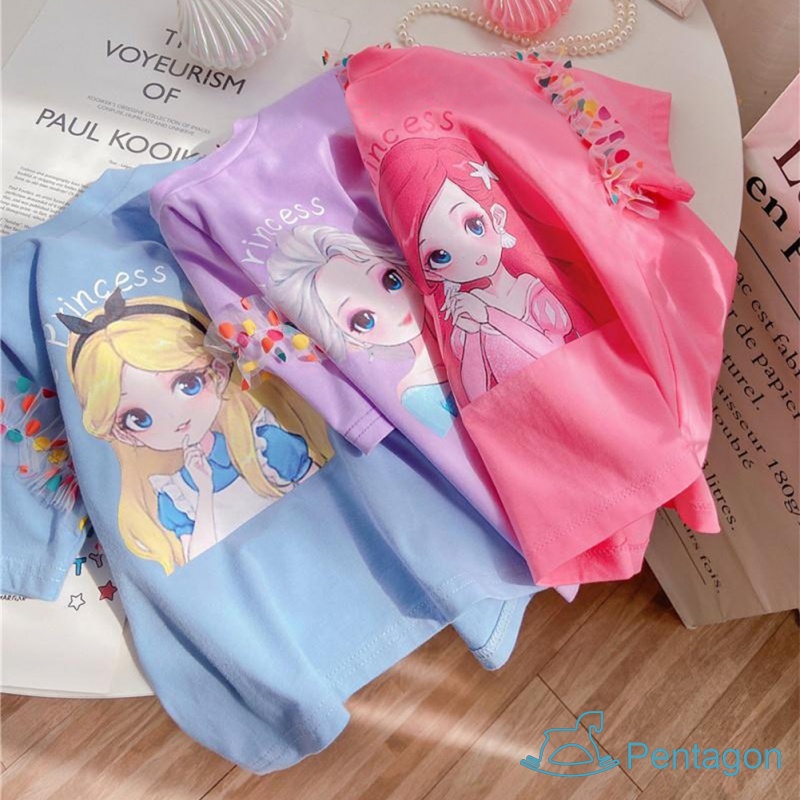 Đầm Thun Tay Ngắn Phối Lưới Chấm Bi Họa Tiết Hoạt Hình Dễ Thương Thời Trang Mùa Hè Cho Bé Gái