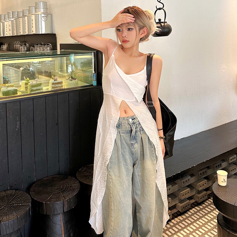 Weird Puss Áo Hai Dây Cổ Chữ V Dáng Ôm Thiết Kế Đơn Giản Thời Trang Mùa Hè Quyến Rũ Cho Nữ