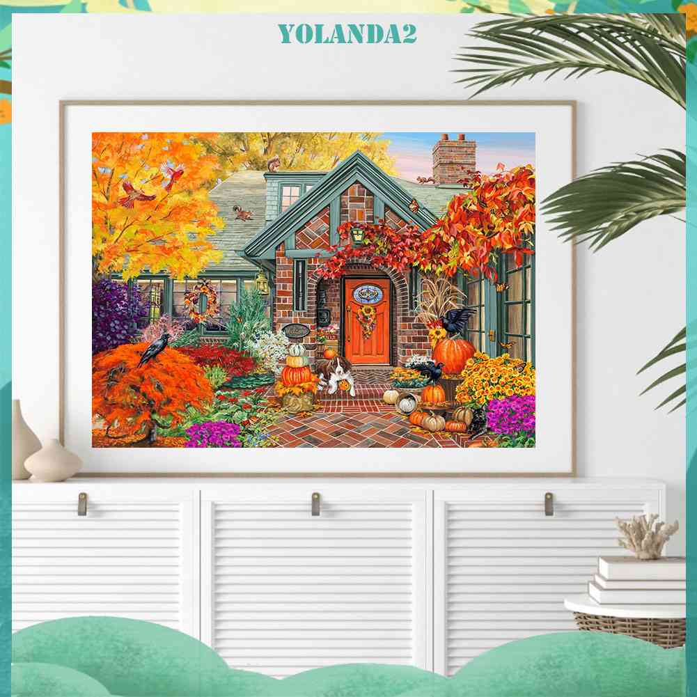 Tranh Đính Đá Kim Cương Toàn Bộ 5D DIY Hình Chú Chó Ngoài Sân Vườn Mùa Thu