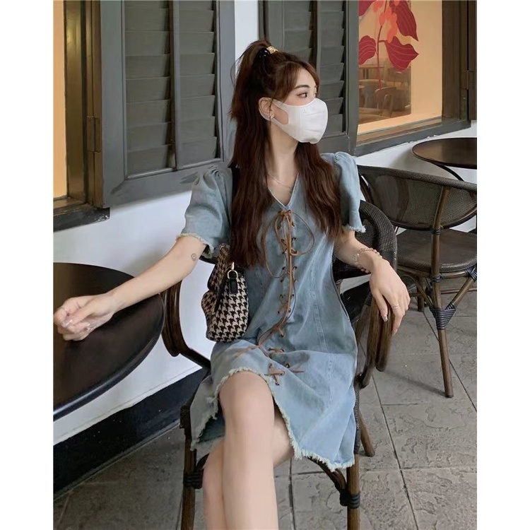 Đầm Denim Cổ Chữ V Tay Phồng Thời Trang Mùa Hè 2023 Phong Cách Mới Cho Nữ