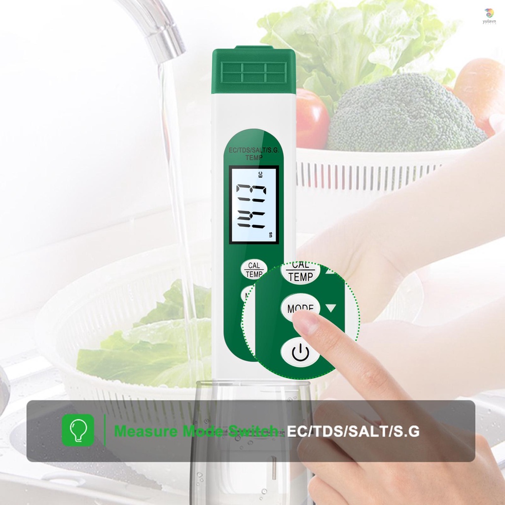 Bút Phân Tích Chất Lượng Nước 5 Trong 1 EC / TDS / S.G / Muối / Nhiệt Độ Nước Kỹ Thuật Số LCD Cho Gia Đình Aquariu