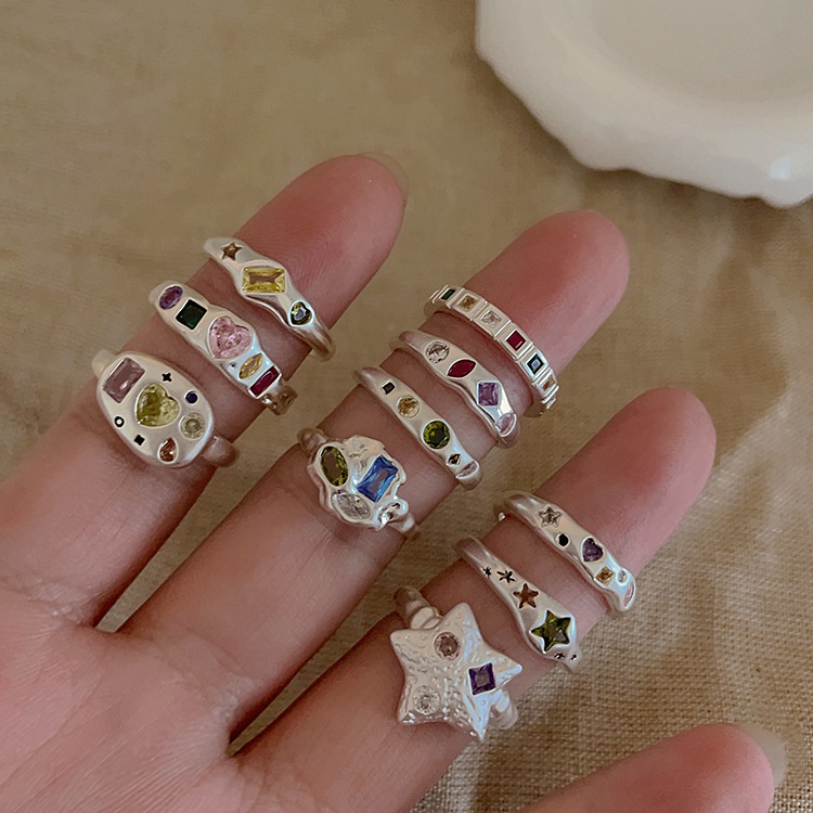 Nhẫn Kim Loại Hình Ngôi Sao / Trái Tim Đính Đá Zircon Nhiều Màu Phong Cách Hàn Quốc Dễ Phối Đồ Thời Trang Cho