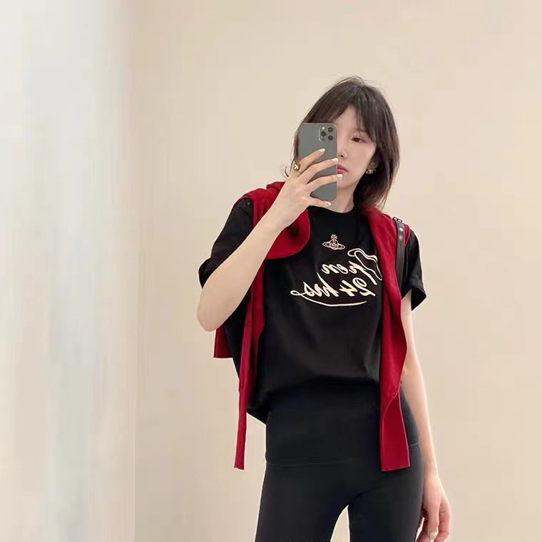 Áo Thun Cotton Tay Ngắn Cổ Tròn Thêu Hình Hành Tinh Phong Cách Vintage Dành Cho Nữ