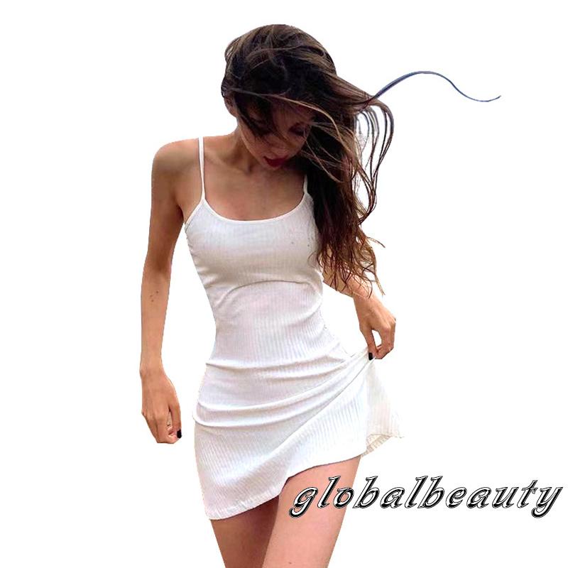 Đầm Mini Hai Dây Ôm Dáng Màu Sắc Trơn Hở Lưng Thời Trang Mùa Hè Cho Nữ