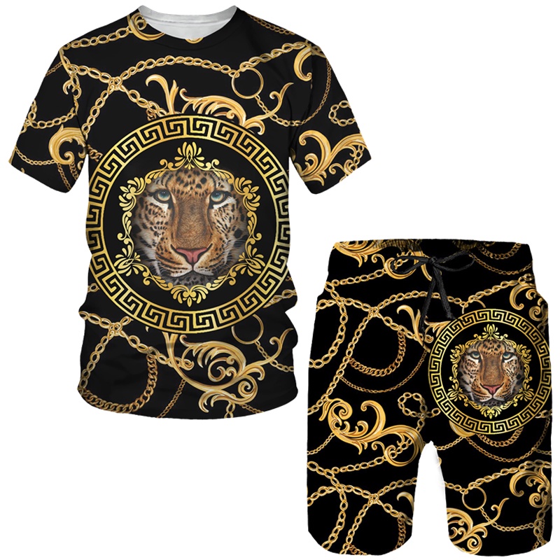 Set Áo Thun Ngắn Tay In Hình Sư Tử 3D + Quần Short Thời Trang Mùa Hè Cho Nam