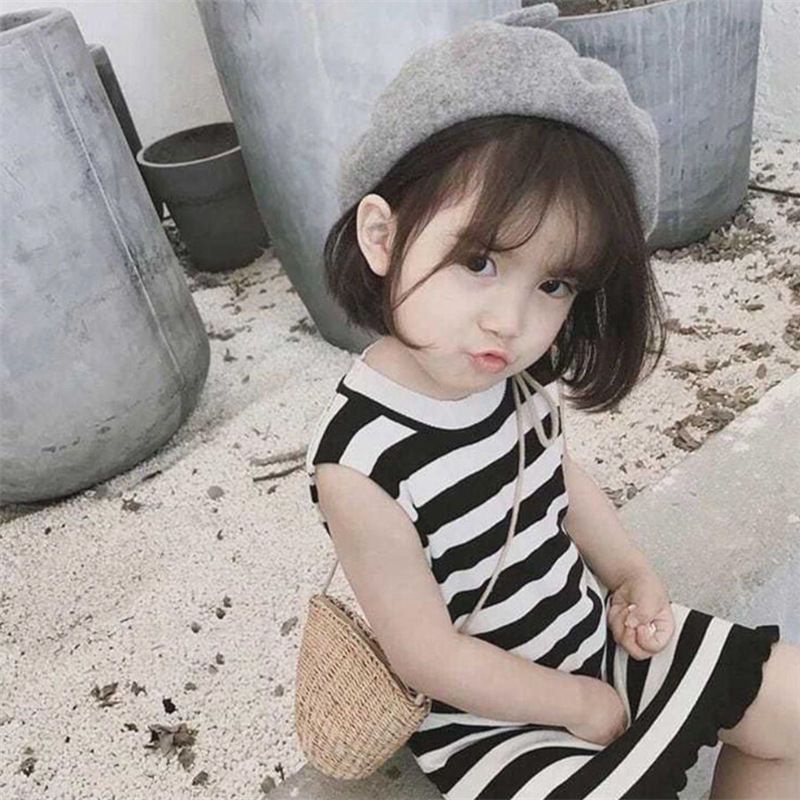 Đầm Công Chúa Sát Nách Ôm Dáng Họa Tiết Kẻ Sọc Trắng Đen Thoáng Khí Thời Trang Mùa Hè Cho Bé Gái