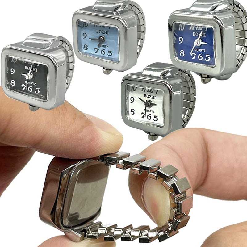 Nhẫn Đồng Hồ Mặt Vuông Mini Dây Co Giãn Điều Chỉnh Được Phong Cách Retro Sáng Tạo Dành Cho Cặp Đôi