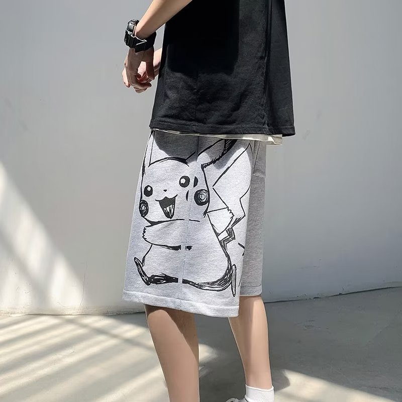Quần Short Thể Thao Lưng Thun Ống Rộng Phối Dây Rút In Hoạt Hình Pikachu Kiểu Nhật Bản Thời Trang Mùa Hè Cho Nam Và Nữ M-5XL