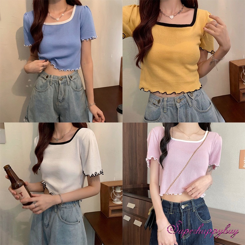 Áo Thun Dệt Kim Tay Ngắn Màu Sắc Đơn Giản Thời Trang Mùa Xuân Dành Cho Nữ