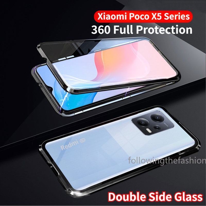 Ốp Điện Thoại Kính Cường Lực Hai Mặt Viền Kim Loại Nam Châm 360 Độ Cho Xiaomi Poco X5 Pro 5G 2023 X 5° Ốp Điện Thoại Cứng Nắp Lật Chống Sốc Bảo Vệ Toàn Diện