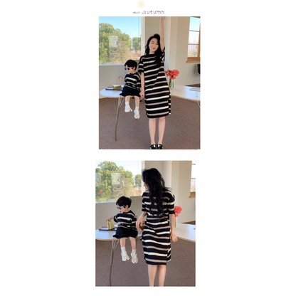 Set Áo Thun Sọc Ngang + Đầm Thun Phong Cách Hàn Quốc Cho Mẹ Và Bé