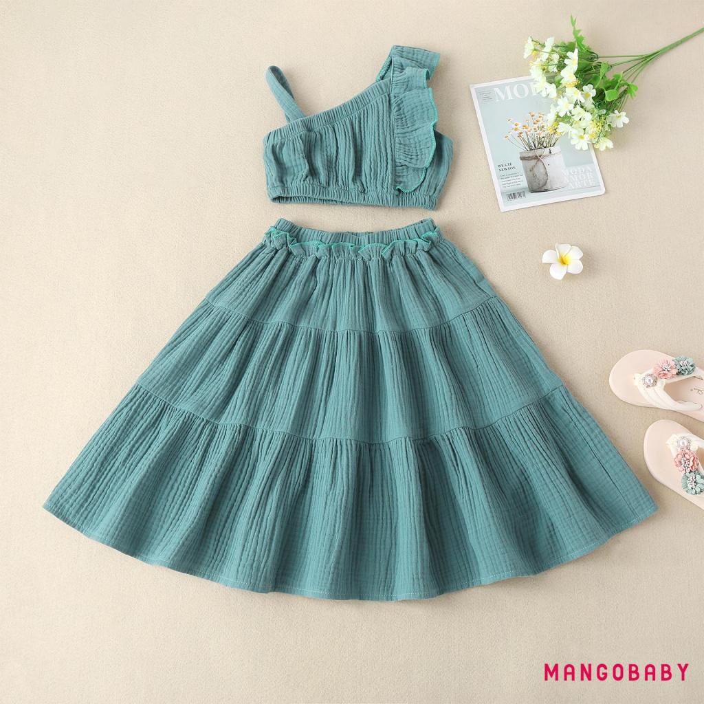 Bộ Áo Hai Dây Hở Vai + Chân Váy Chữ A Màu Trơn Thời Trang Mùa Hè Cho Bé Gái