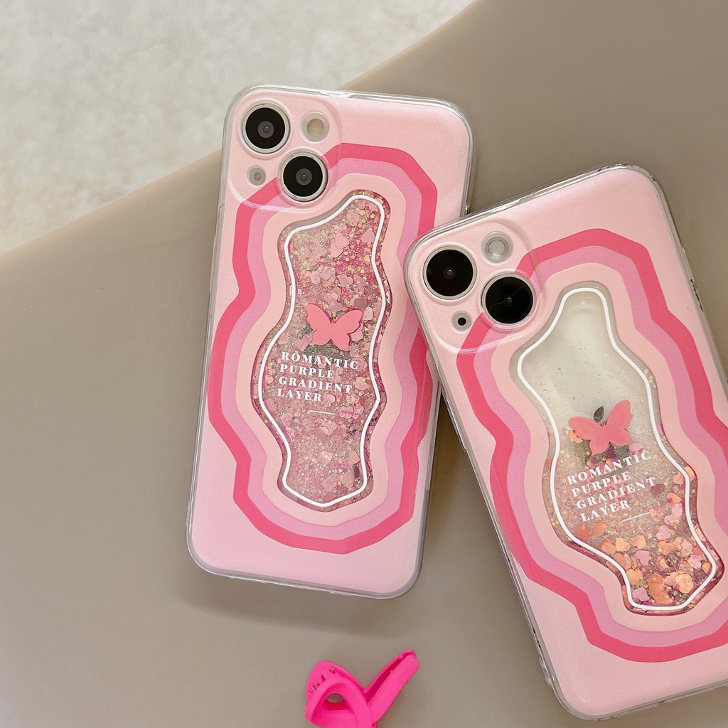 Ốp Điện Thoại TPU Dẻo Họa Tiết Bươm Bướm Màu Hồng Có Nước Kim Tuyến Lấp Lánh Cho iPhone11 12 13 14 Pro Max