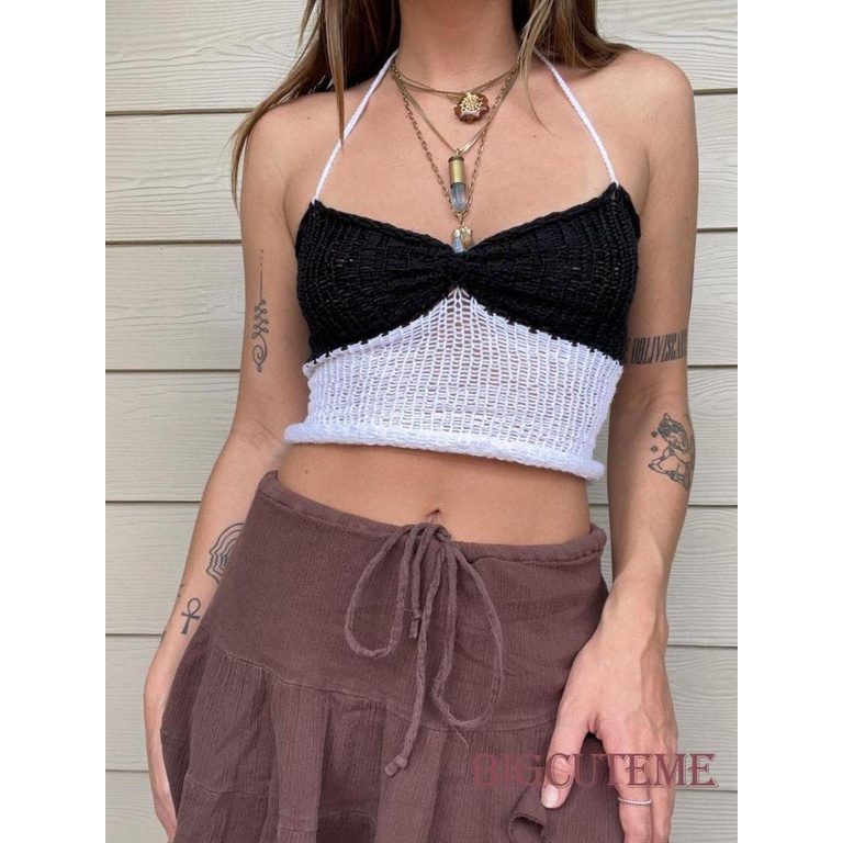 [] - Áo Croptop Dệt Kim Không Tay Ôm Dáng Vừa Vặn Màu Sắc Tương Phản Cho Nữ